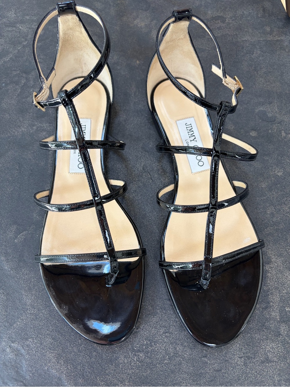 Jimmy Choo Black Patent Multi-Strap Ankle Sandals